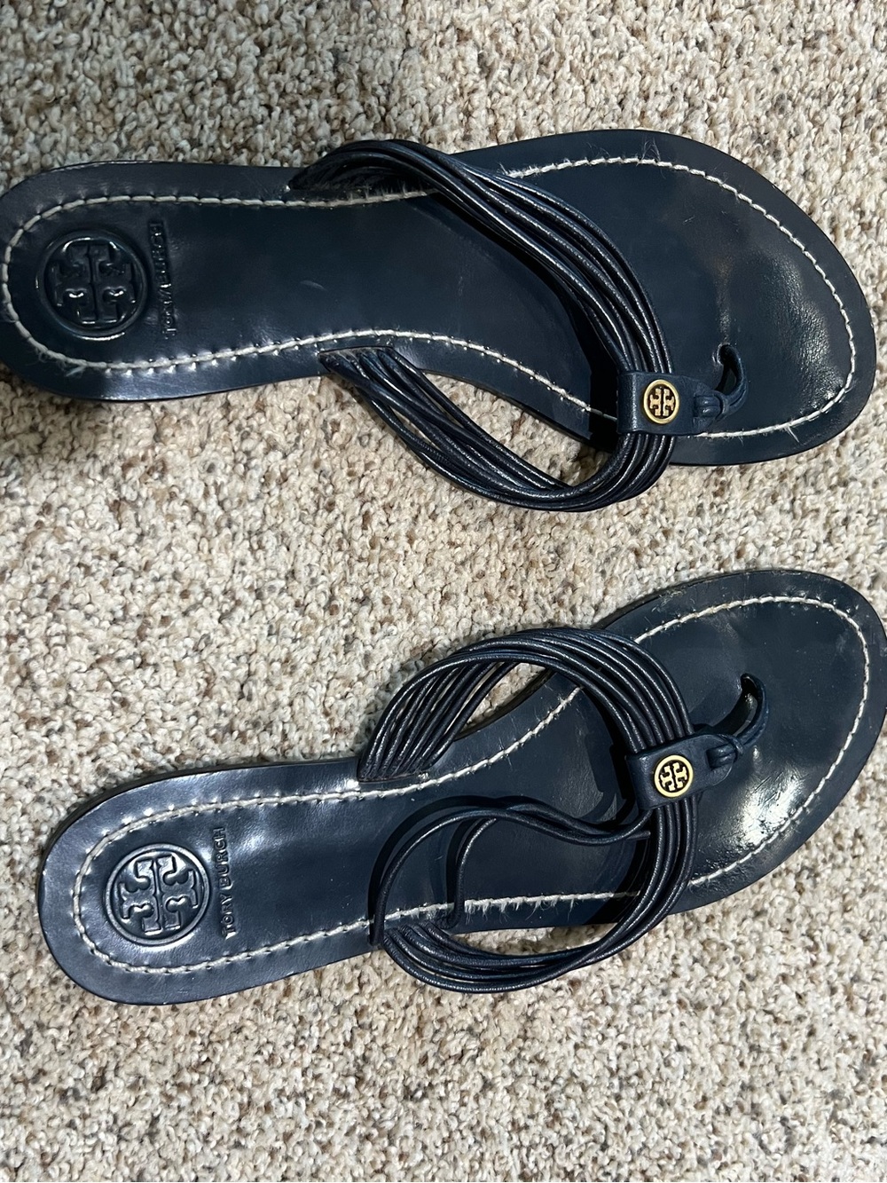 Tory Burch Navy Multi-Loop Leather Thong Sandals with Gold Logo